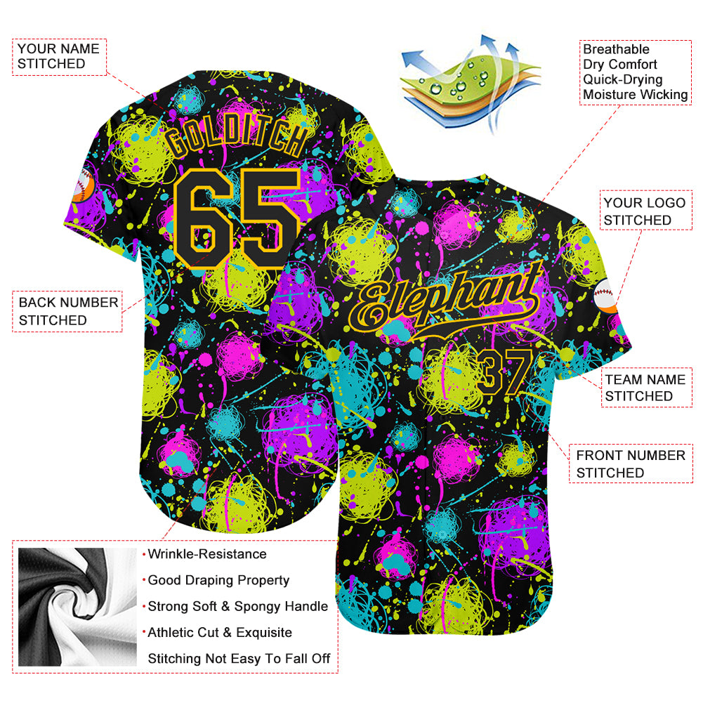 Custom Graffiti Pattern Black-Gold 3D Neon Splatter Authentic Baseball Jersey