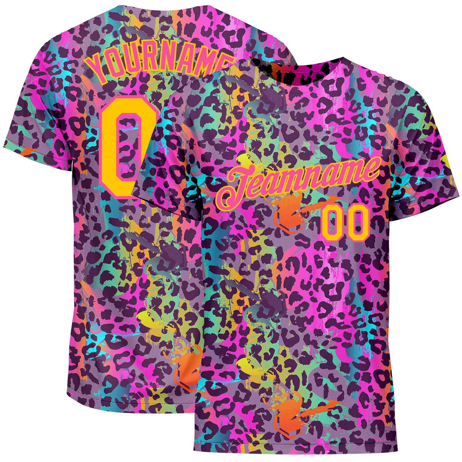 Custom Graffiti Pattern Gold-Pink 3D Colorful Leopard Performance T-Shirt