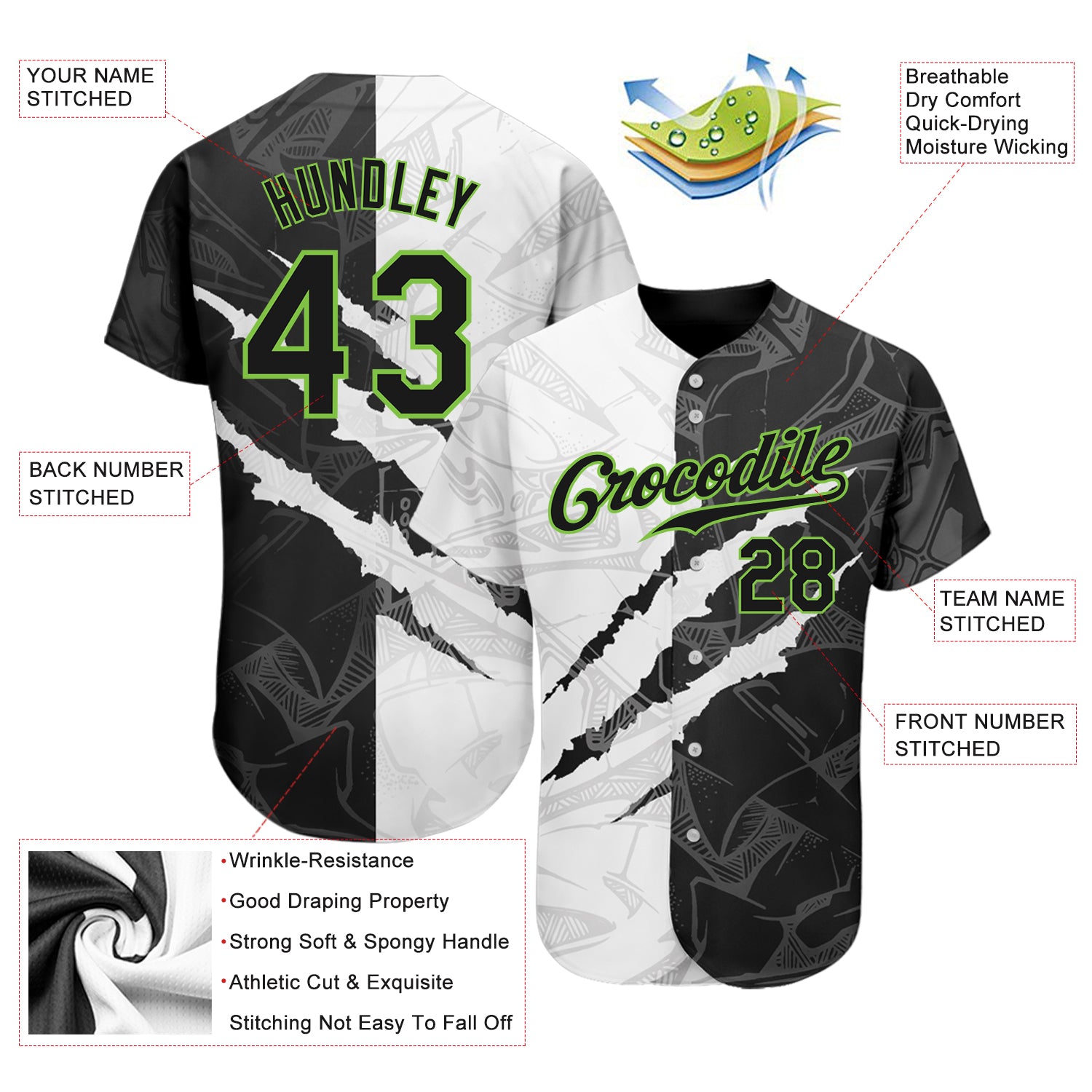 Custom Neon Green Black-White 3D Pattern Design Authentic Baseball