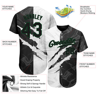 Custom Graffiti Pattern Black-Kelly Green 3D Scratch Authentic Baseball Jersey