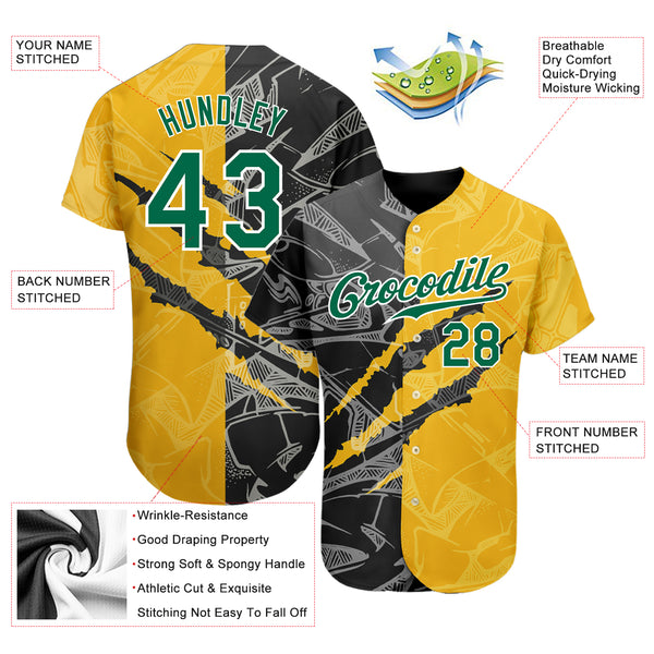 Custom Baseball Jersey Graffiti Pattern Kelly Green Yellow-Black 3D Scratch Authentic Men's Size:L