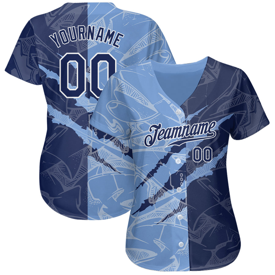 Custom Graffiti Pattern Navy-Light Blue 3D Scratch Authentic Baseball Jersey