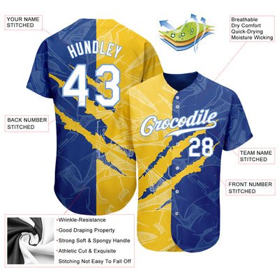 Custom Graffiti Pattern White Yellow Royal-Light Blue 3D Scratch Authentic Baseball Jersey