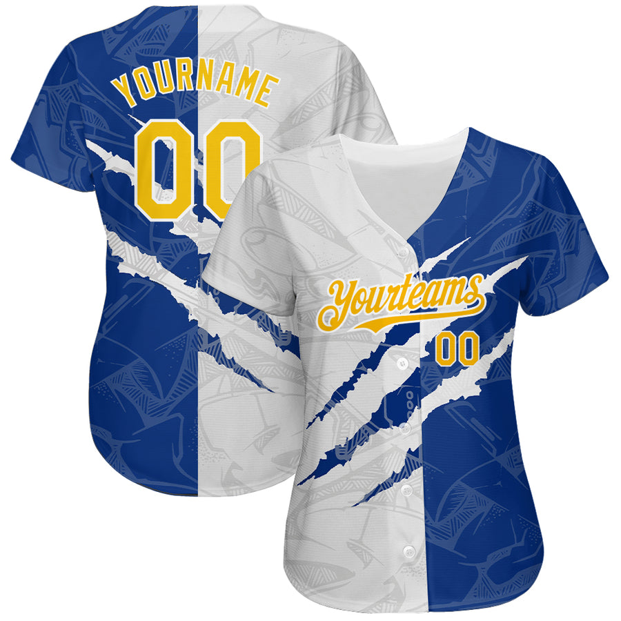 Custom Graffiti Pattern Yellow-Royal 3D Scratch Authentic Baseball Jersey