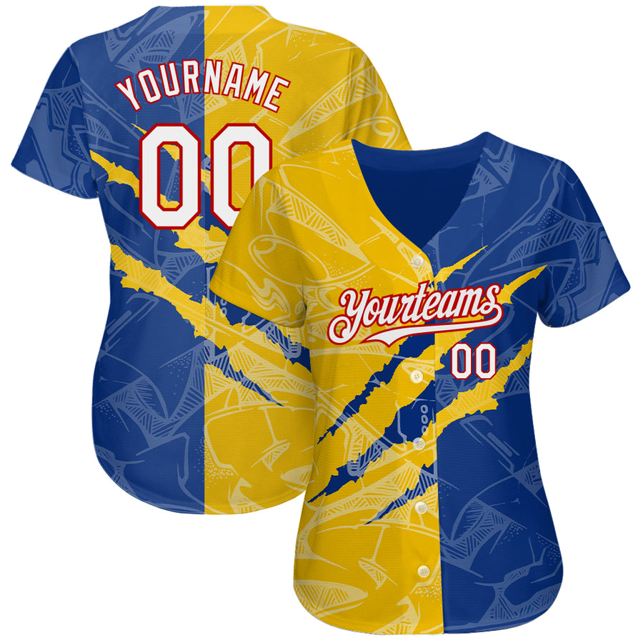 Custom Graffiti Pattern White Royal Yellow-Red 3D Scratch Authentic Baseball Jersey