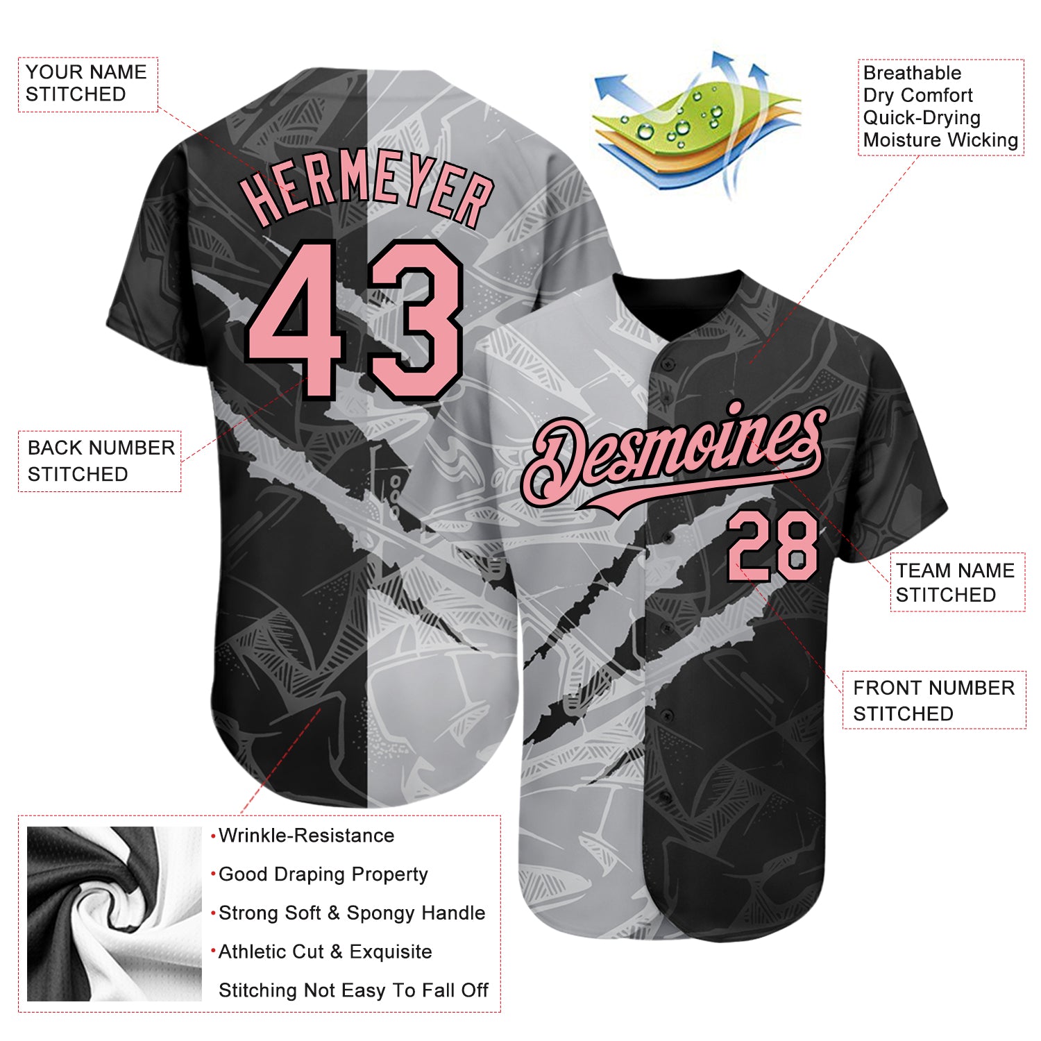 Custom Black White-Pink Graffiti Pattern Authentic Baseball Jersey