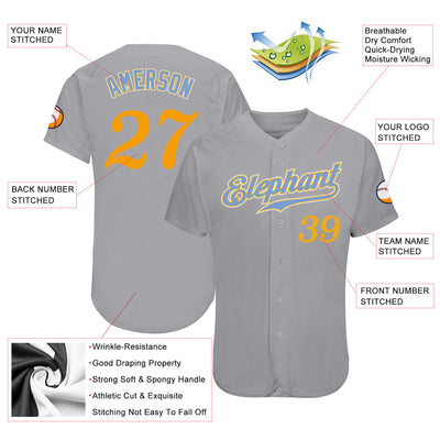 Custom Gray Gold-Light Blue Authentic Baseball Jersey