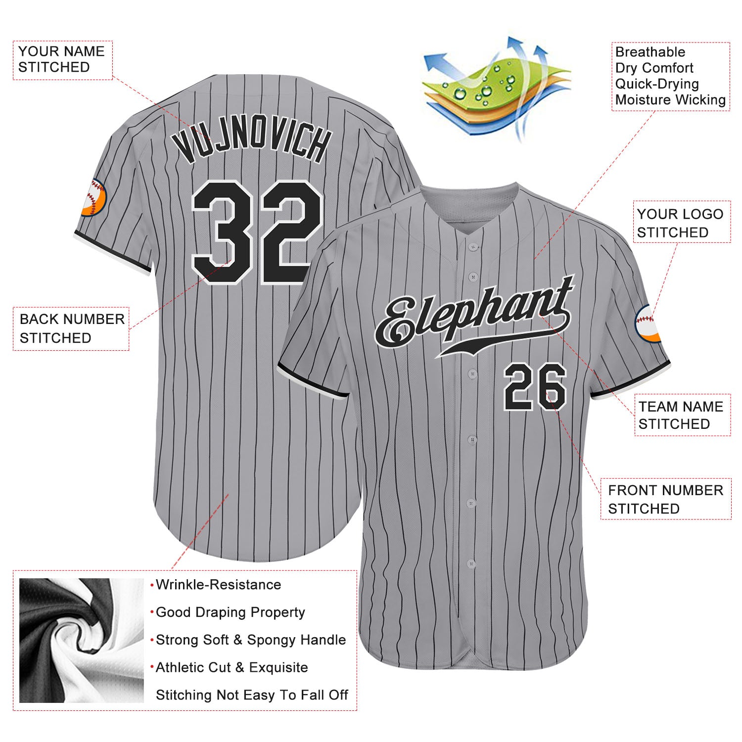 Custom Gray Black Pinstripe Black-White Authentic Baseball Jersey