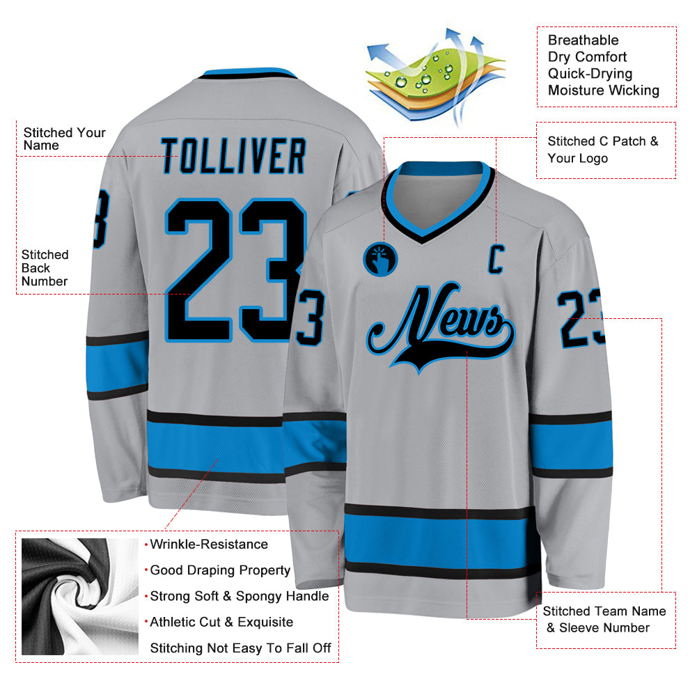 Custom Gray Black-Blue Hockey Jersey