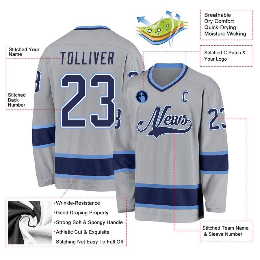 Custom Gray Navy-Light Blue Hockey Jersey