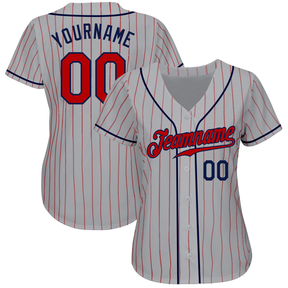 Cheap Custom Gray White Pinstripe Red Authentic Baseball Jersey