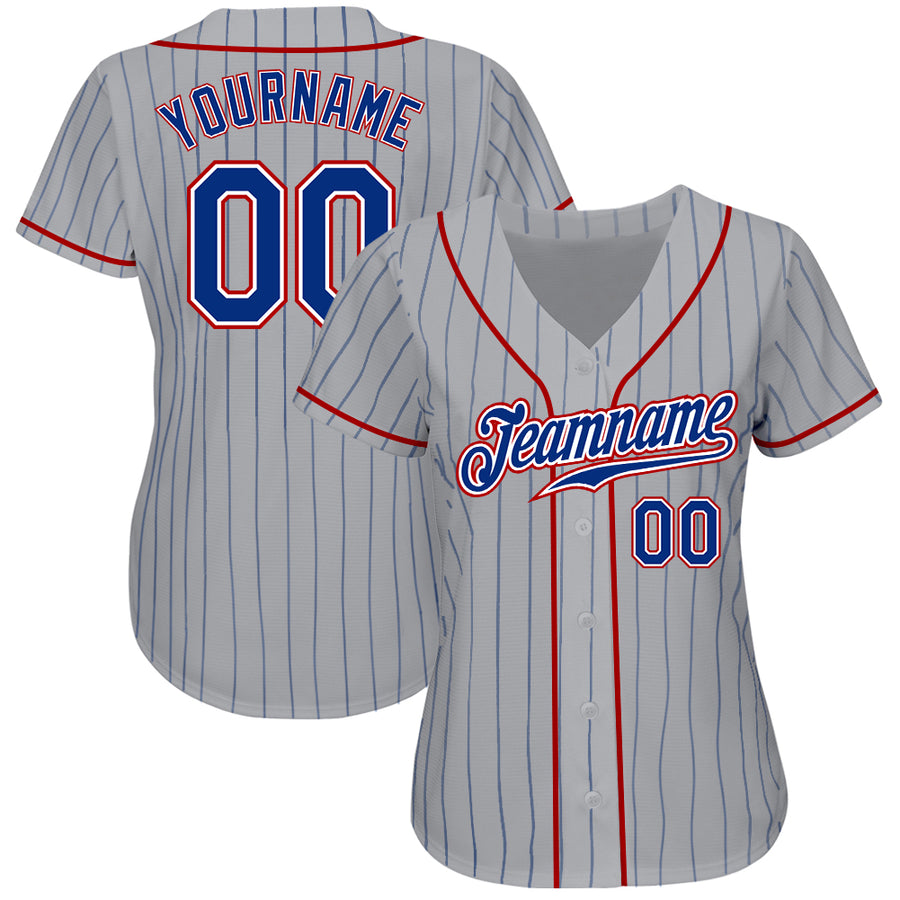 Custom Gray Royal Pinstripe Royal-Red Authentic Baseball Jersey