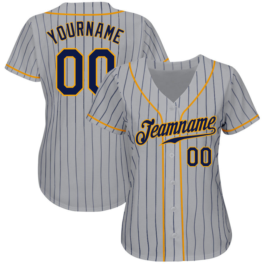 Custom Gray Navy Pinstripe Navy-Gold Authentic Baseball Jersey