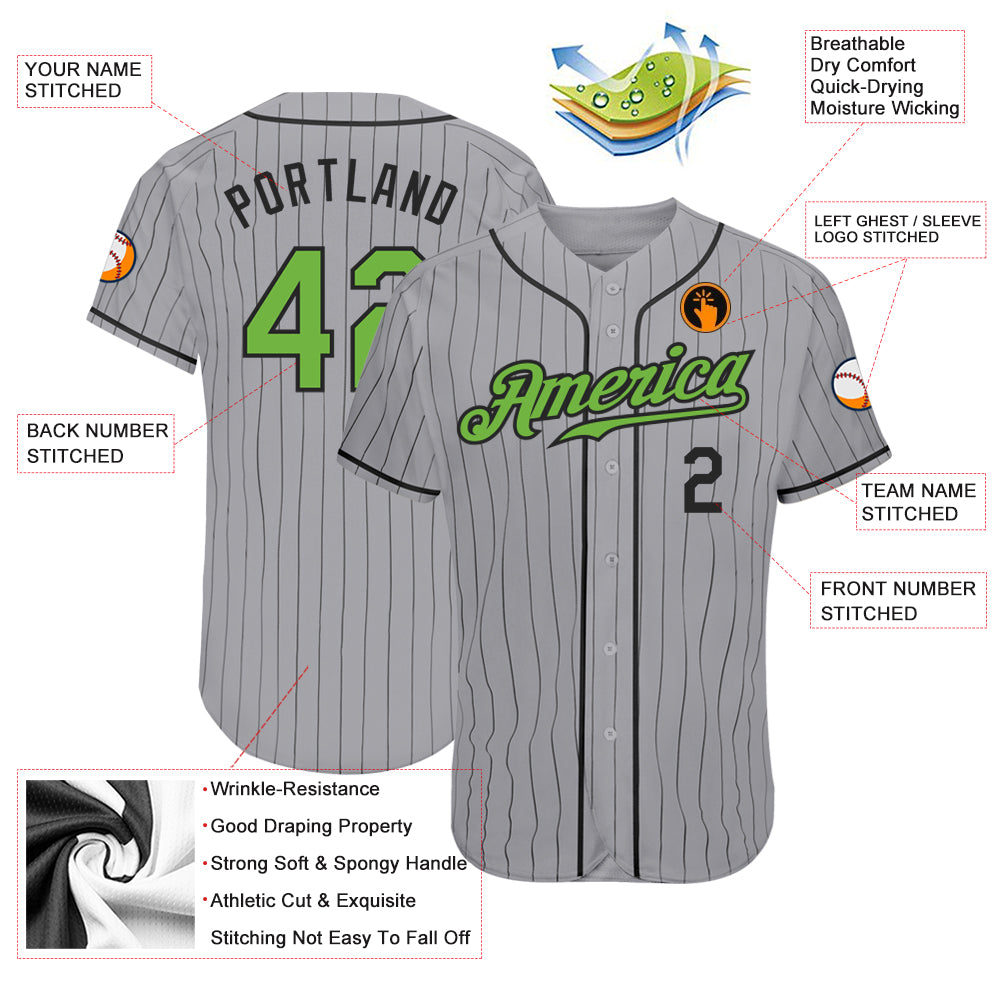 Custom Baseball Jersey Gray Black Pinstripe Neon Green-Black Authentic Men's Size:XL