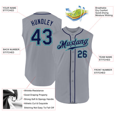 Custom Gray Navy-Teal Authentic Sleeveless Baseball Jersey