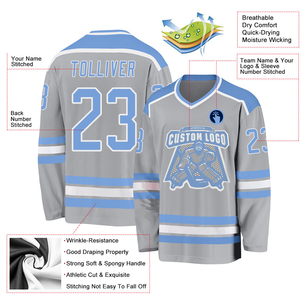 Custom Gray Light Blue-White Hockey Jersey Discount