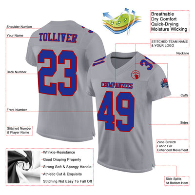 Custom Gray Royal-Red Mesh Authentic Football Jersey