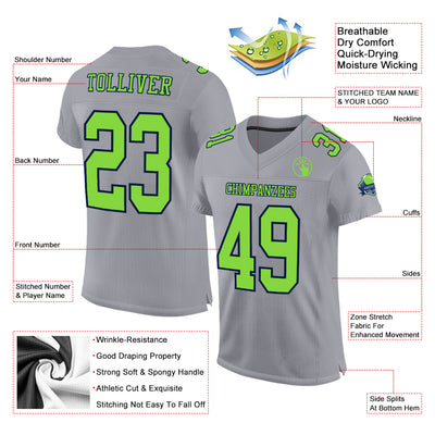 Custom Gray Neon Green-Navy Mesh Authentic Football Jersey