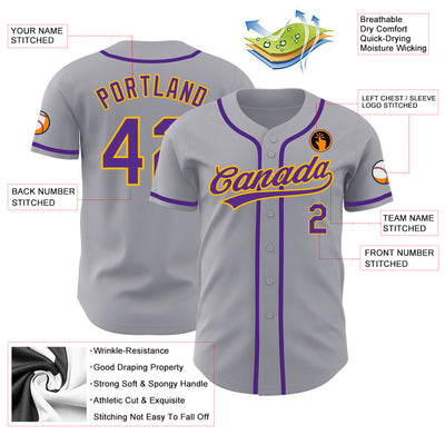 Custom Gray Purple-Gold Authentic Baseball Jersey