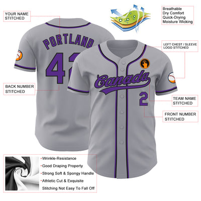 Custom Gray Purple-Black Authentic Baseball Jersey