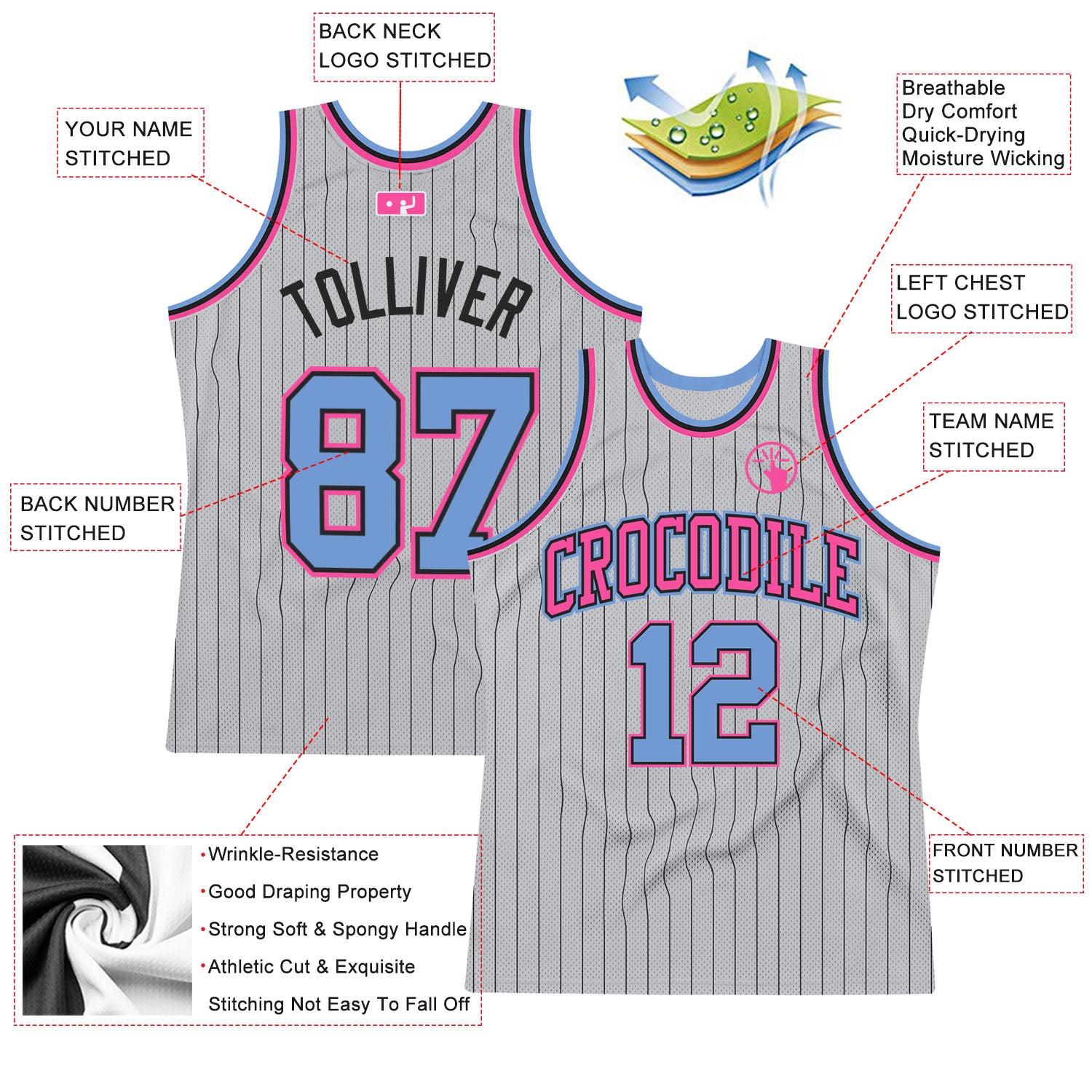 Custom Gray Black Pinstripe Light Blue-Pink Authentic Basketball Jersey  Fast Shipping – FiitgCustom