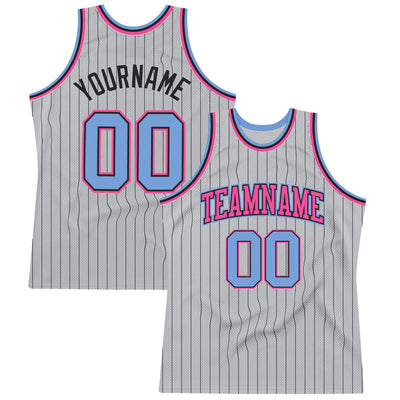 Custom Gray Black Pinstripe Light Blue-Pink Authentic Basketball Jersey