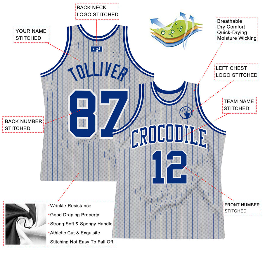 Custom Gray Royal Pinstripe Royal-White Authentic Basketball Jersey