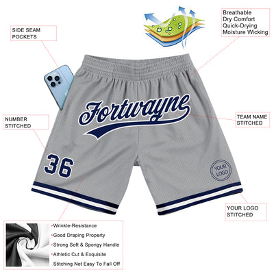 Custom Gray Navy-White Authentic Throwback Basketball Shorts