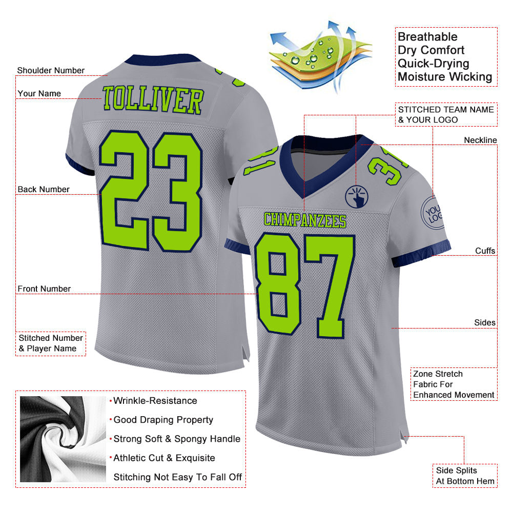 Custom Gray Neon Green-Navy Mesh Drift Fashion Football Jersey