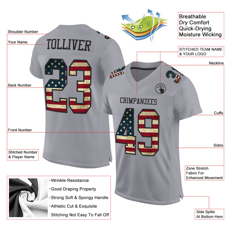 Custom Gray Vintage USA Flag-Black Mesh Authentic Football Jersey