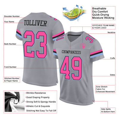 Custom Gray Pink Black-Light Blue Mesh Authentic Football Jersey