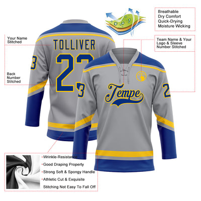 Custom Gray Royal-Yellow Hockey Lace Neck Jersey