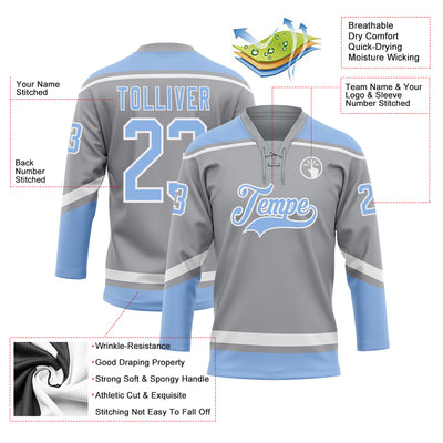 Custom Gray Light Blue-White Hockey Lace Neck Jersey