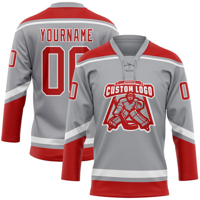 Custom Gray Red-White Hockey Lace Neck Jersey