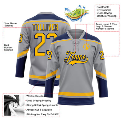 Custom Gray Gold-Navy Hockey Lace Neck Jersey