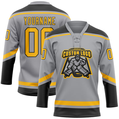 Custom Gray Gold-Black Hockey Lace Neck Jersey