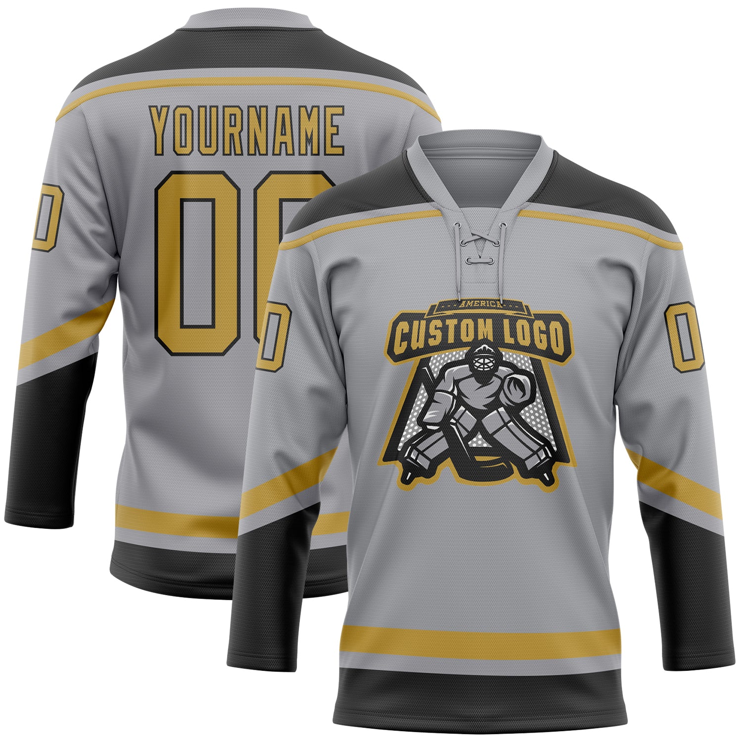 Custom Steel Gray Old Gold-Black Hockey Lace Neck Jersey - FansIdea