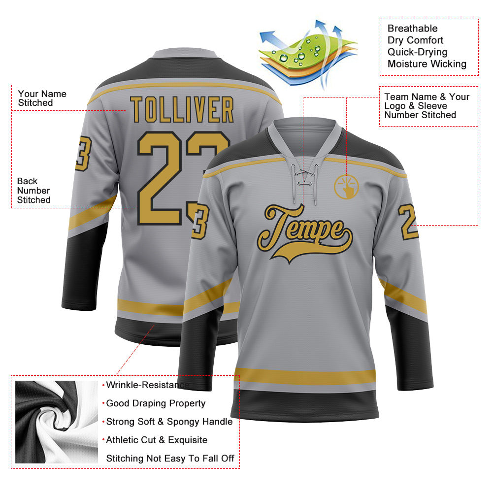 Custom Steel Gray Old Gold-Black Hockey Lace Neck Jersey - FansIdea