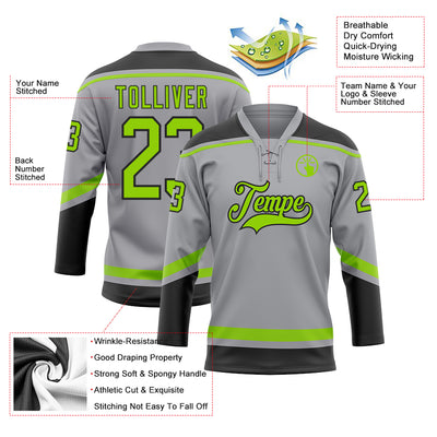 Custom Gray Neon Green-Black Hockey Lace Neck Jersey