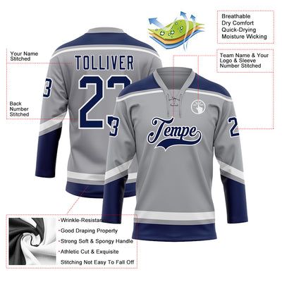 Custom Gray Navy-White Hockey Lace Neck Jersey