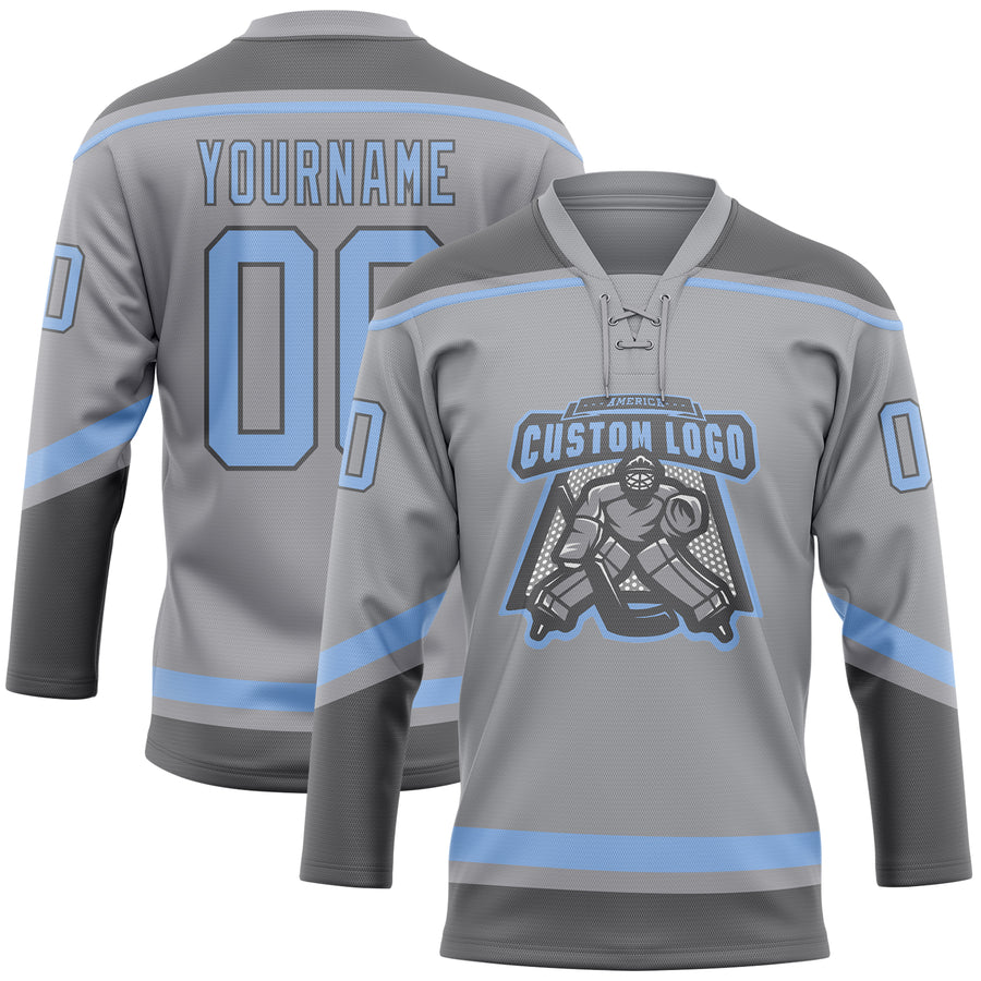 Custom Gray Light Blue-Steel Gray Hockey Lace Neck Jersey