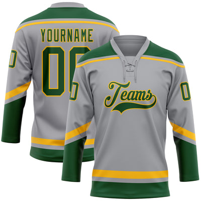 Custom Gray Green-Gold Hockey Lace Neck Jersey