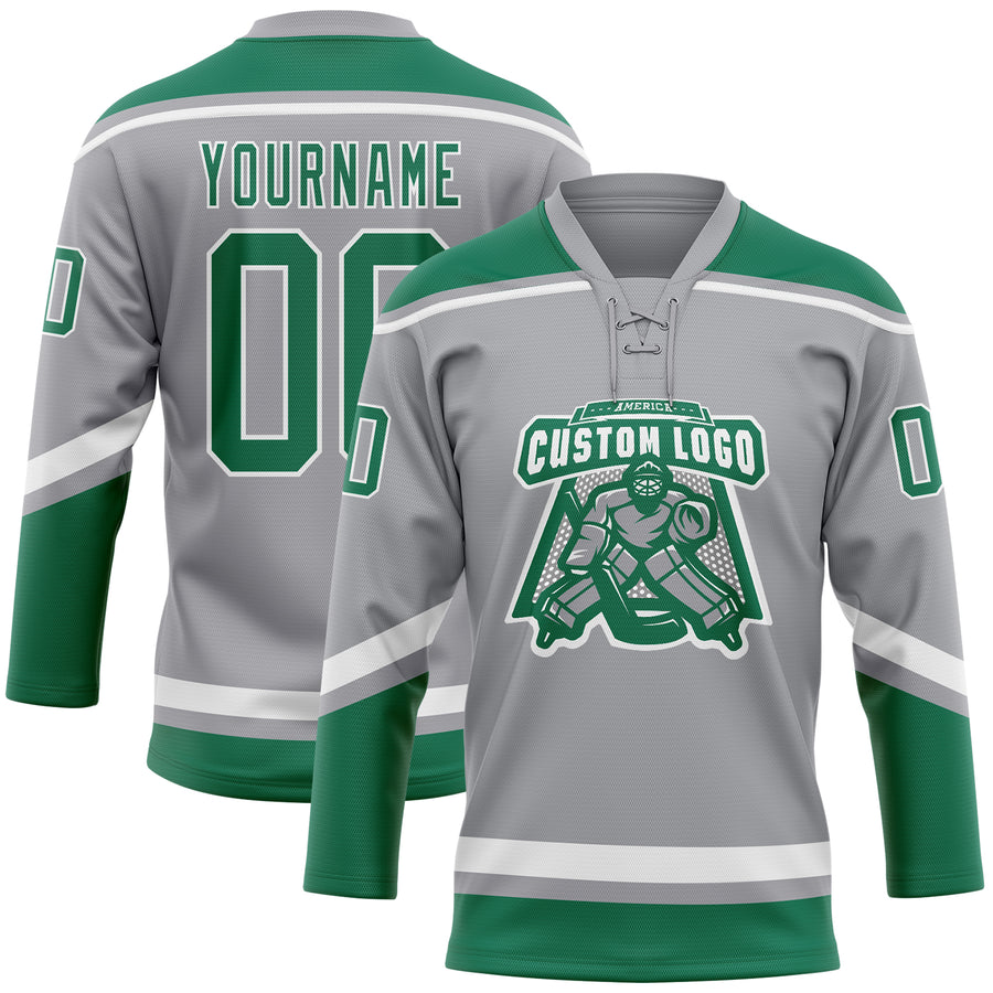 Custom Gray Kelly Green-White Hockey Lace Neck Jersey