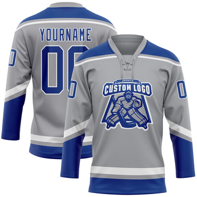 Custom Gray Royal-White Hockey Lace Neck Jersey