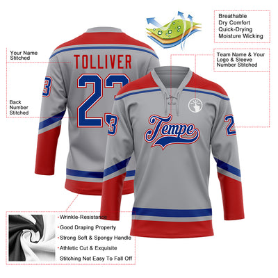 Custom Gray Royal-Red Hockey Lace Neck Jersey