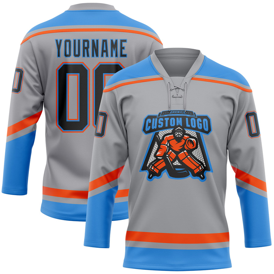 Custom Gray Black Powder Blue-Orange Hockey Lace Neck Jersey