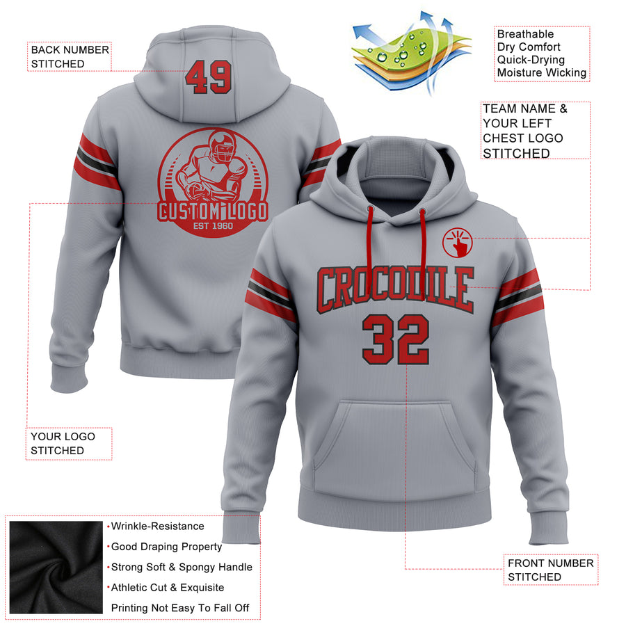 Custom Stitched Gray Red-Black Football Pullover Sweatshirt Hoodie