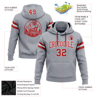 Custom Stitched Gray Red-White Football Pullover Sweatshirt Hoodie