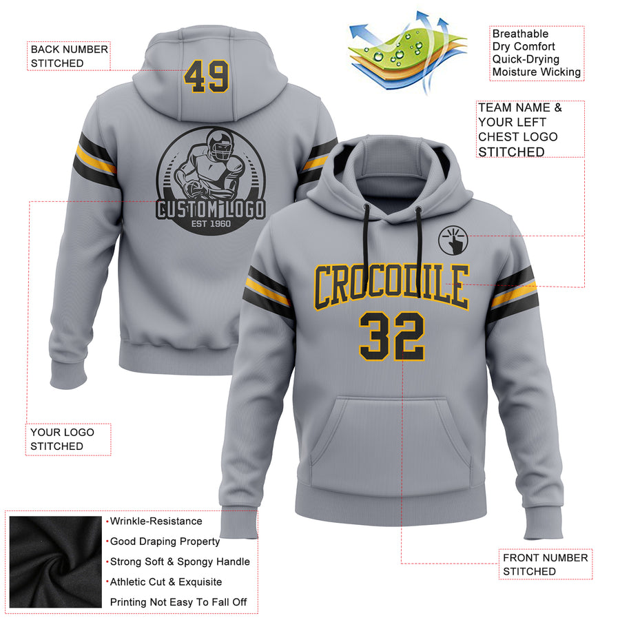 Custom Stitched Gray Black-Gold Football Pullover Sweatshirt Hoodie