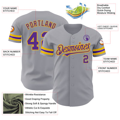 Custom Gray Purple-Gold Authentic Baseball Jersey